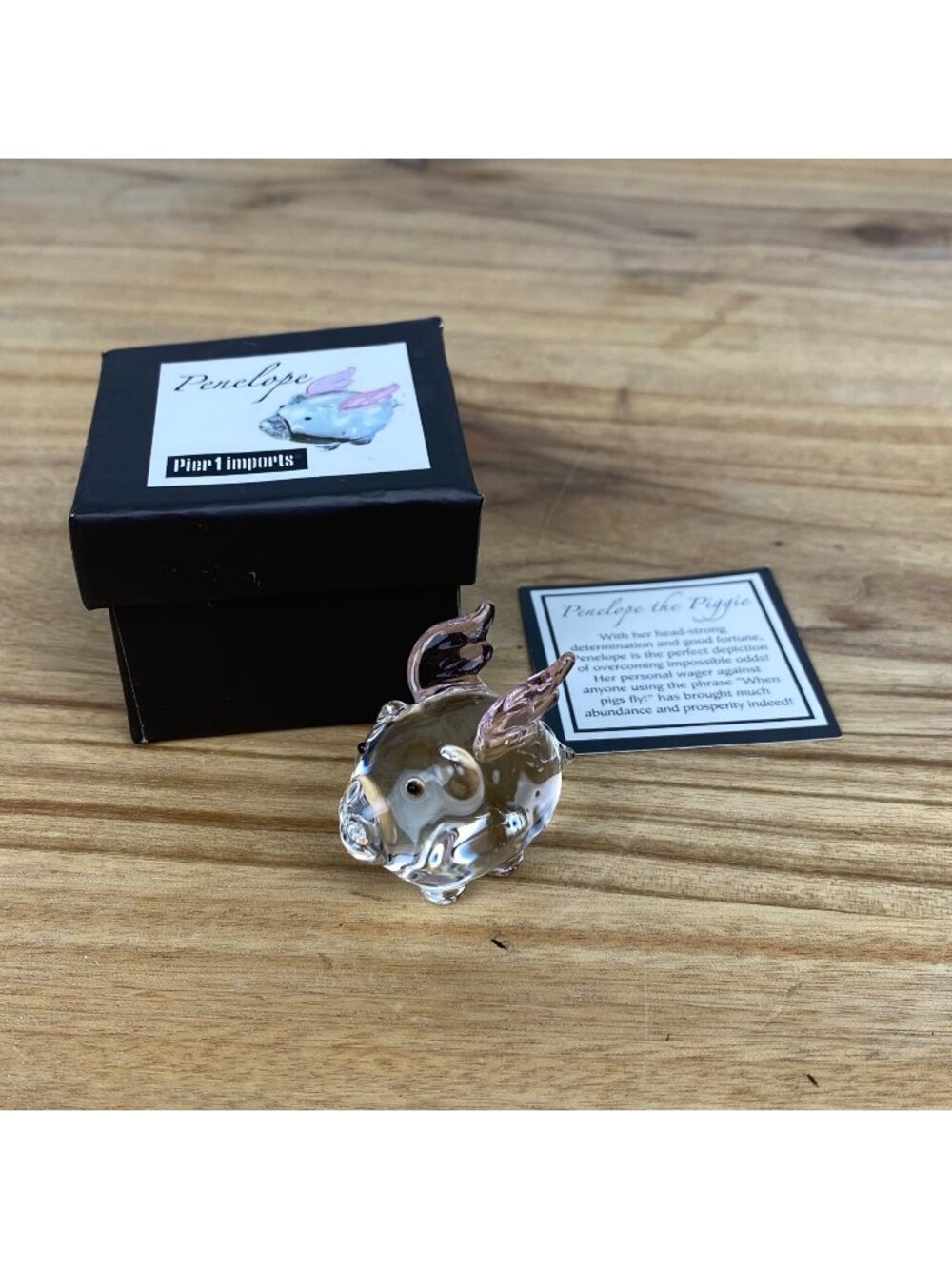 VTG Pier 1 Imports Penelope Pig Mini Small Glass Pig w/Pink Wings 1.5" NIB